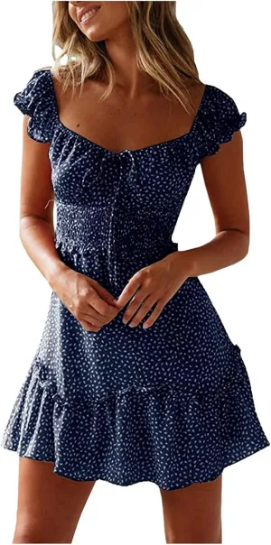 Womens Ruffle Floral Mini Sundress 2024 Summer Outdoor Vacation Travel Dress Square Neck Bohemia Style High Waisted Dresses
