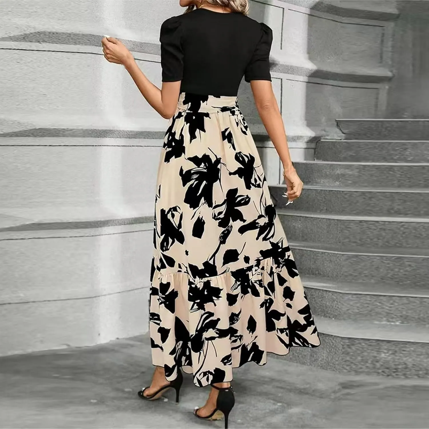 Women's Ruffle Short Sleeve Floral Printed Maxi Dress Summer Long Flowy Dresses Casual 2025 Dresses with Pockets