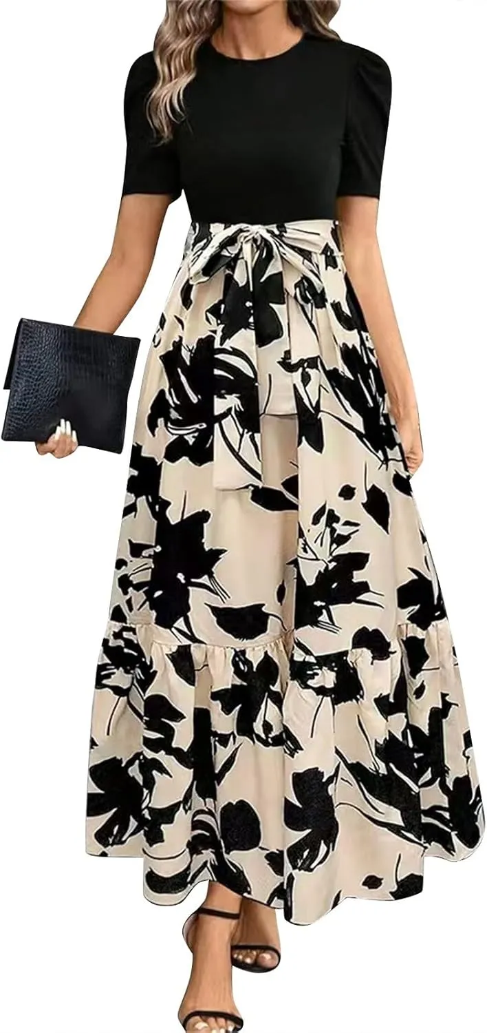 Women's Ruffle Short Sleeve Floral Printed Maxi Dress Summer Long Flowy Dresses Casual 2025 Dresses with Pockets