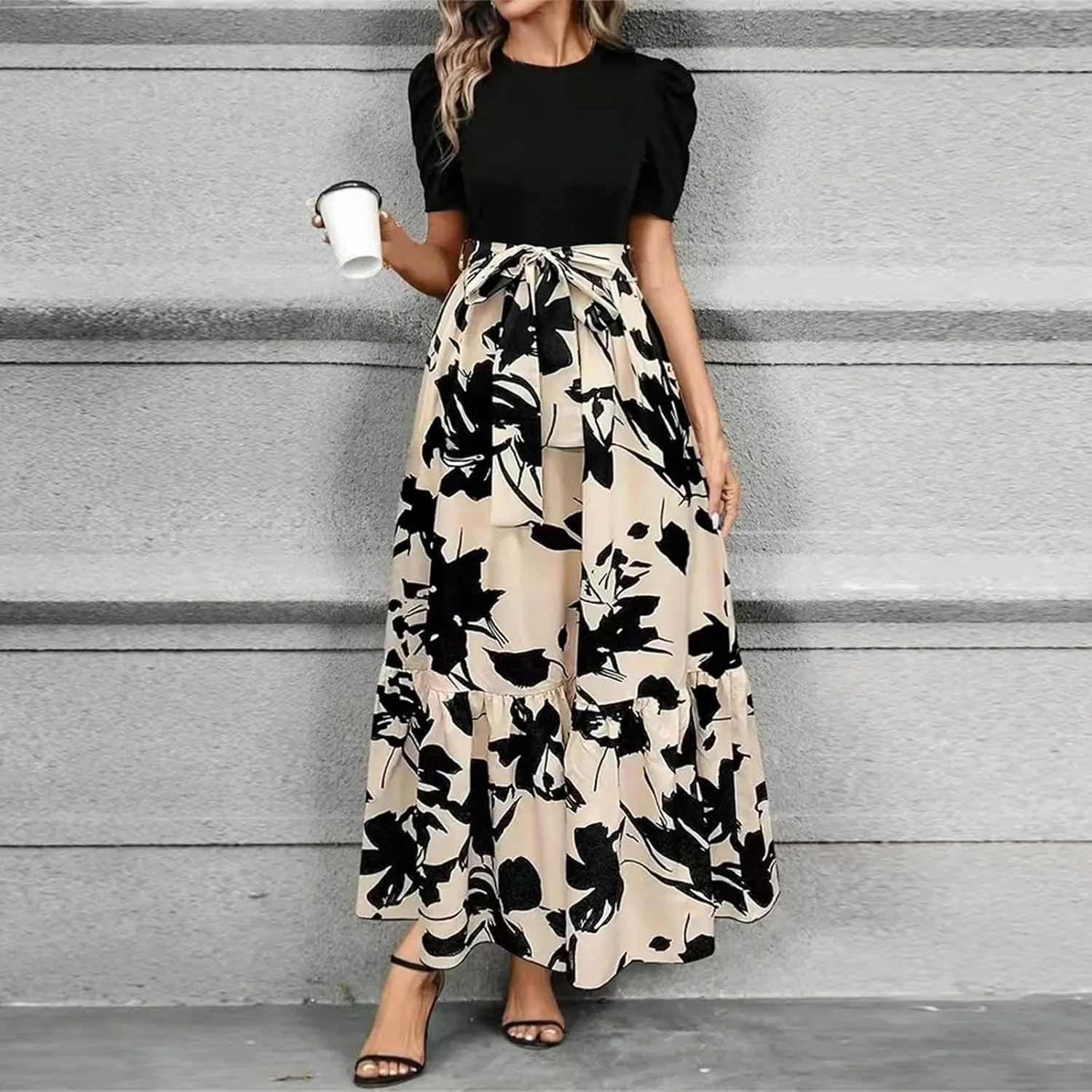 Women's Ruffle Short Sleeve Floral Printed Maxi Dress Summer Long Flowy Dresses Casual 2025 Dresses with Pockets