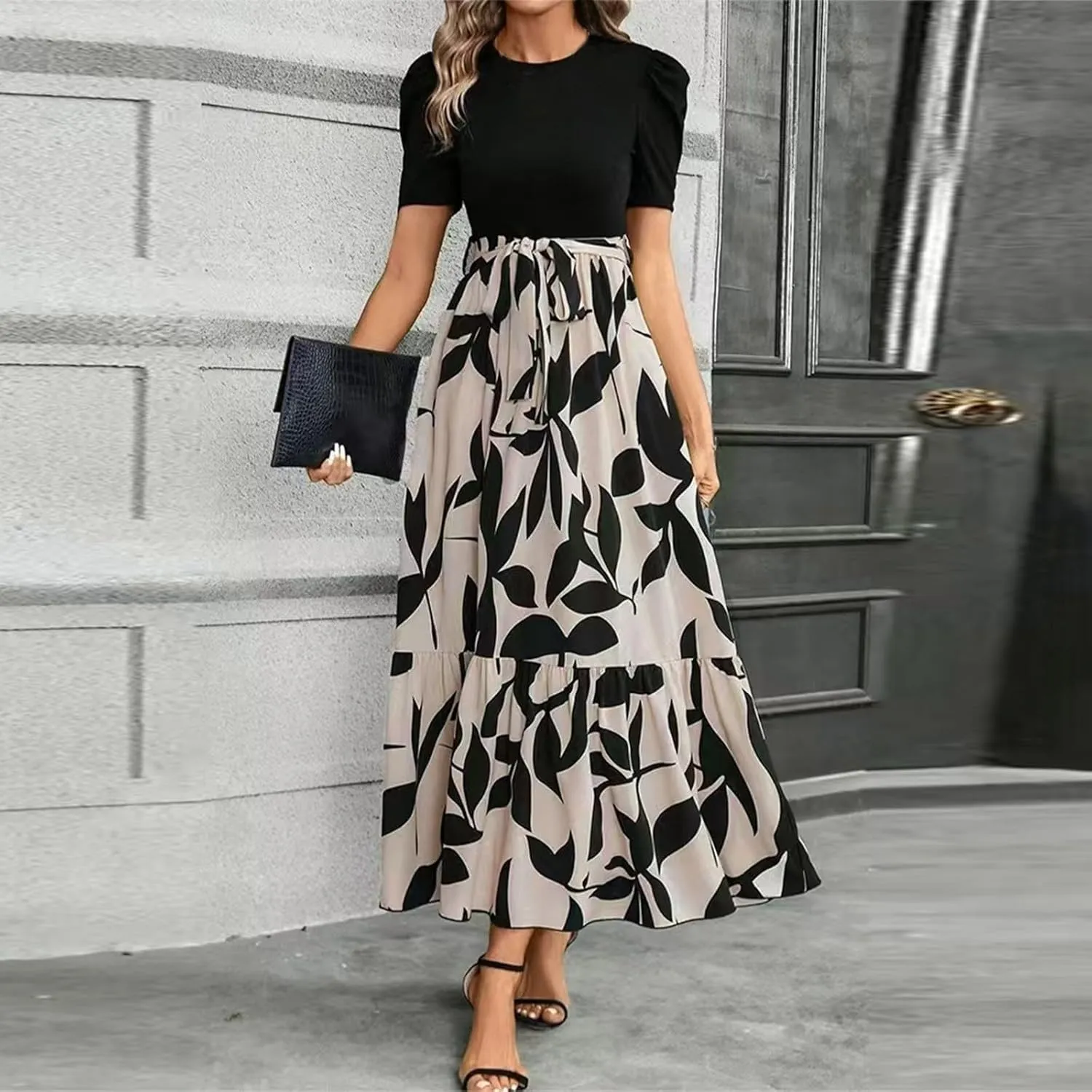 Women's Ruffle Short Sleeve Floral Printed Maxi Dress Summer Long Flowy Dresses Casual 2025 Dresses with Pockets
