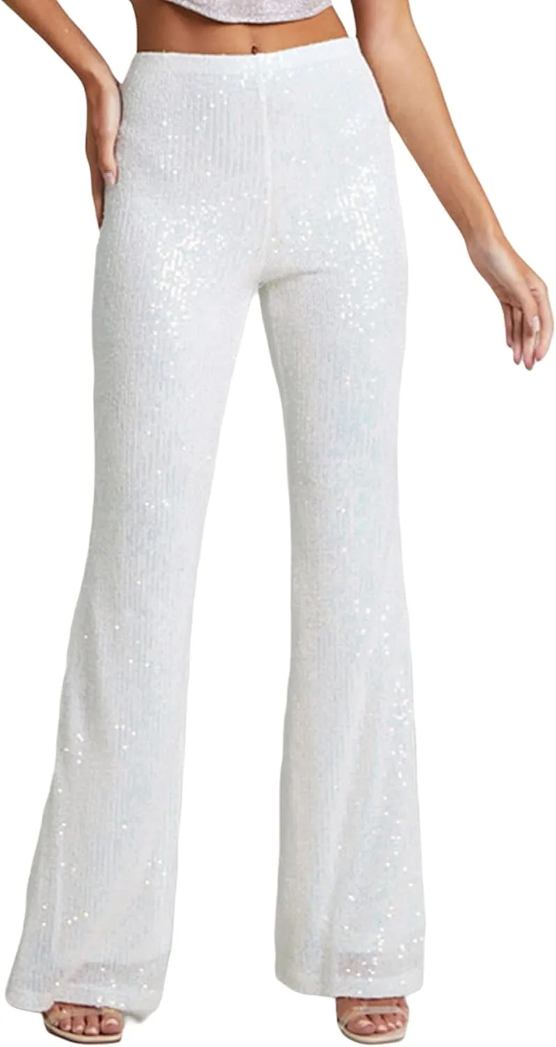 Womens Sequin Flare Pants High Waist Glitter Wide Leg Bell Bottom Leggings Party Trousers