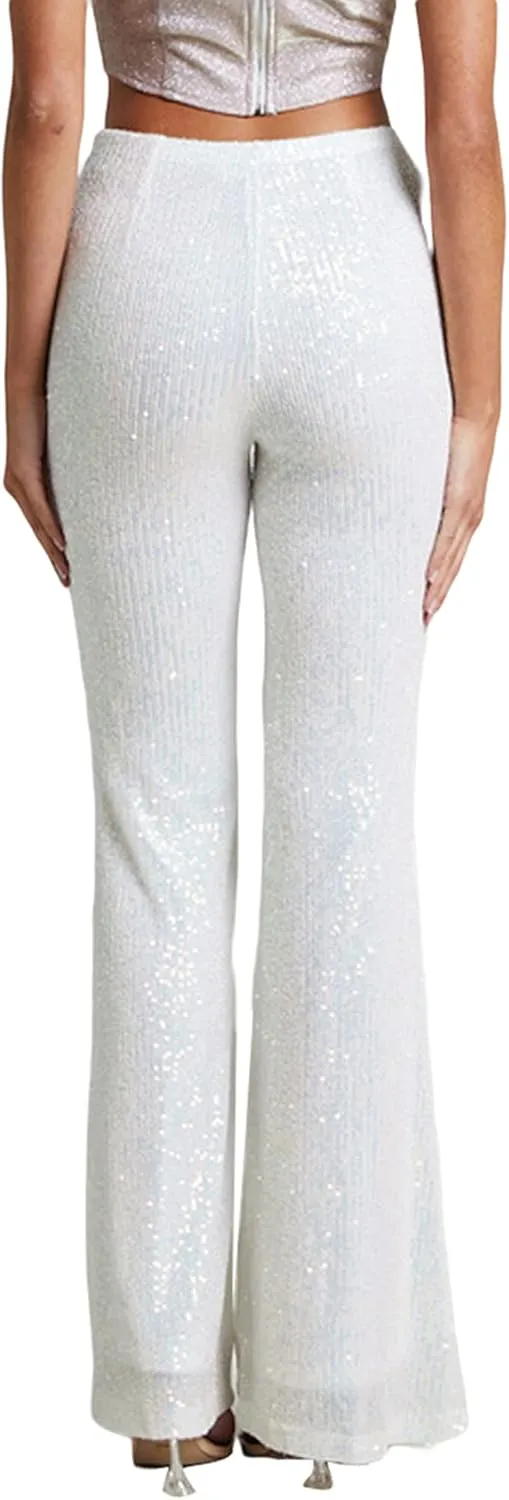 Womens Sequin Flare Pants High Waist Glitter Wide Leg Bell Bottom Leggings Party Trousers