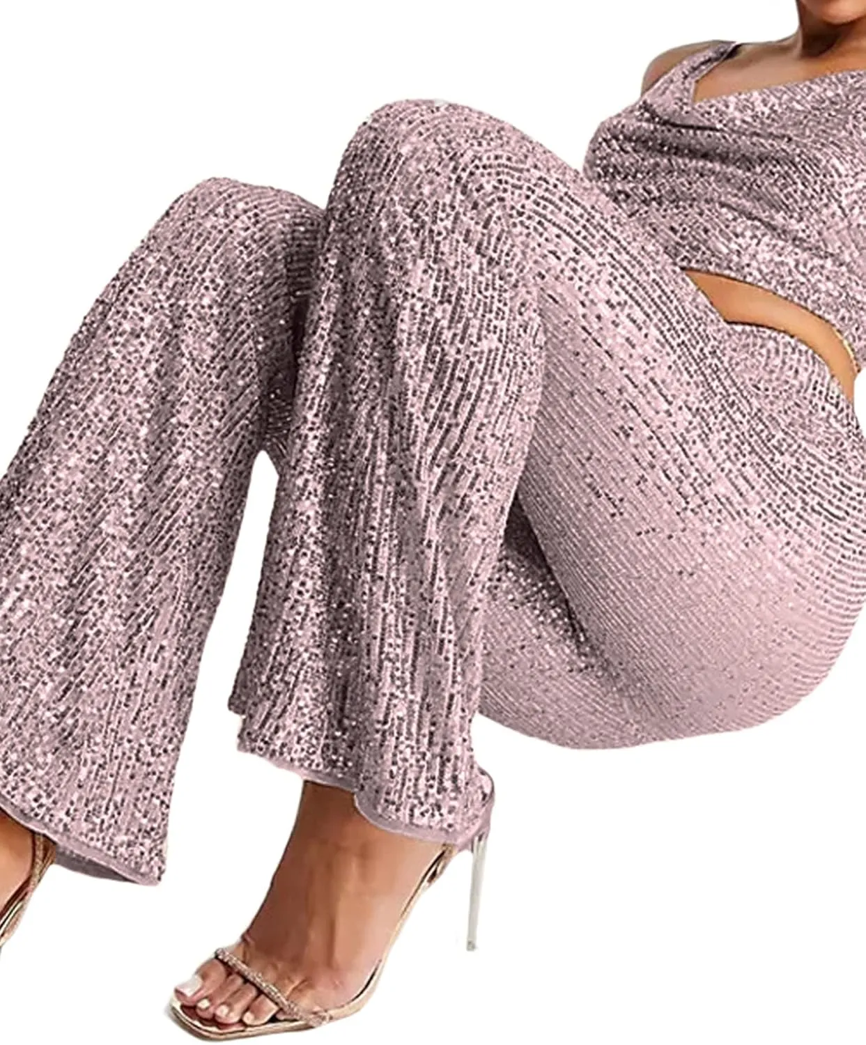 Womens Sequin Flare Pants High Waist Glitter Wide Leg Bell Bottom Leggings Party Trousers
