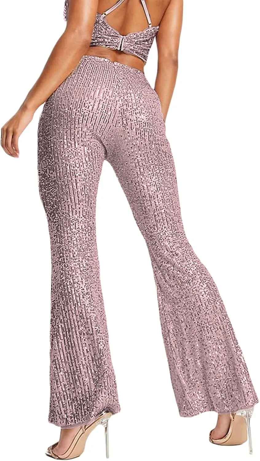 Womens Sequin Flare Pants High Waist Glitter Wide Leg Bell Bottom Leggings Party Trousers