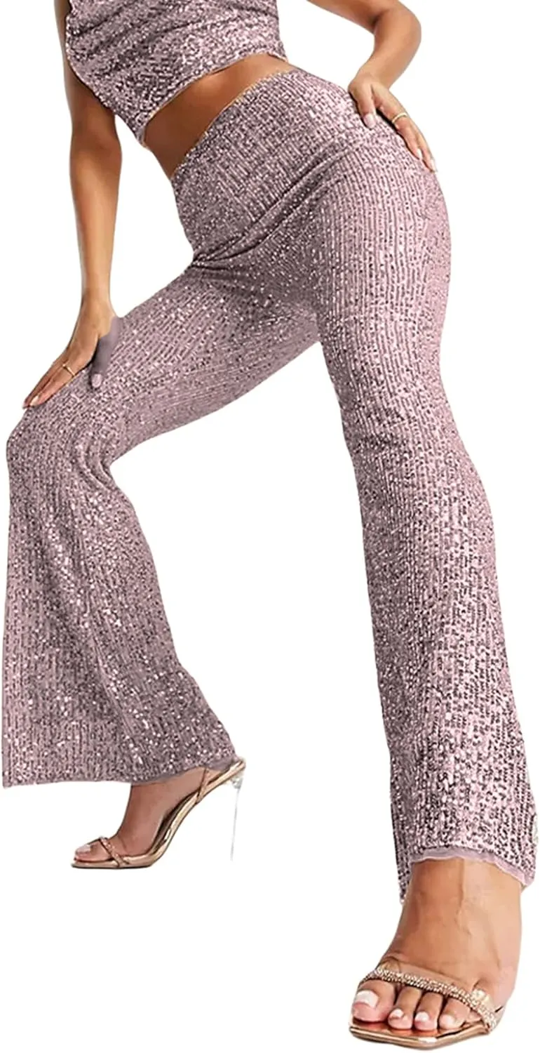 Womens Sequin Flare Pants High Waist Glitter Wide Leg Bell Bottom Leggings Party Trousers