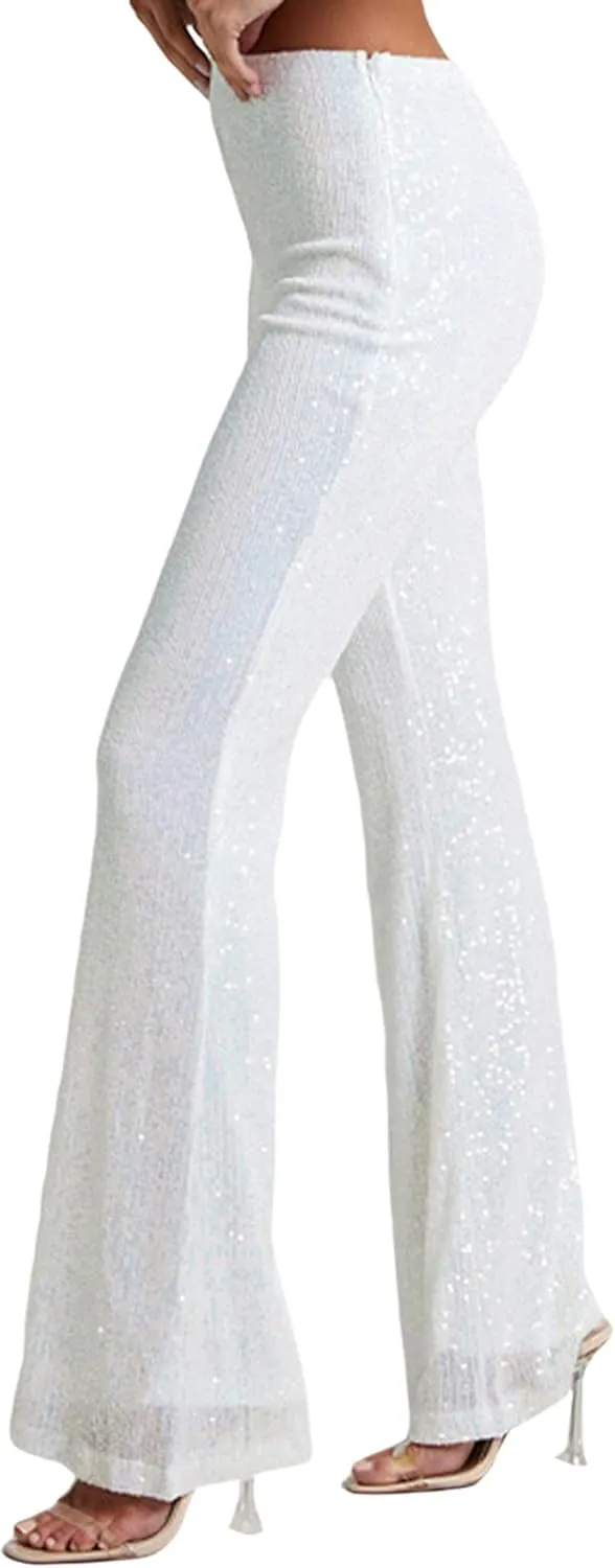 Womens Sequin Flare Pants High Waist Glitter Wide Leg Bell Bottom Leggings Party Trousers