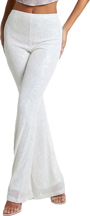 Womens Sequin Flare Pants High Waist Glitter Wide Leg Bell Bottom Leggings Party Trousers