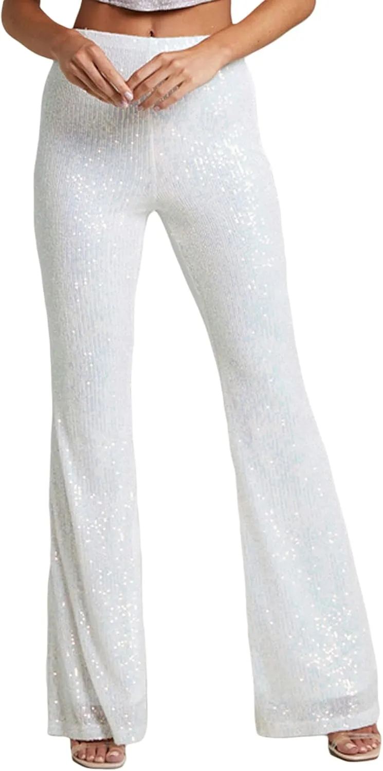 Womens Sequin Flare Pants High Waist Glitter Wide Leg Bell Bottom Leggings Party Trousers