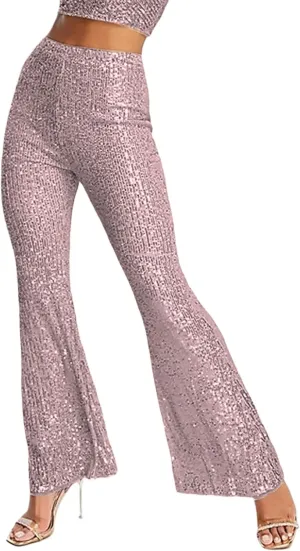 Womens Sequin Flare Pants High Waist Glitter Wide Leg Bell Bottom Leggings Party Trousers