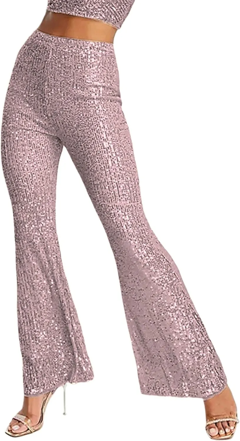 Womens Sequin Flare Pants High Waist Glitter Wide Leg Bell Bottom Leggings Party Trousers
