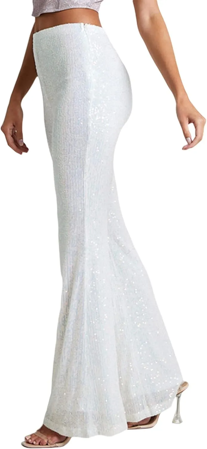 Womens Sequin Flare Pants High Waist Glitter Wide Leg Bell Bottom Leggings Party Trousers