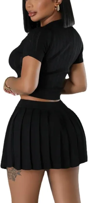 Women's Short Sleeve Button Down top Sexy Tight Mini Pleated Casual Cropped Dress Knitted Stretch Suit