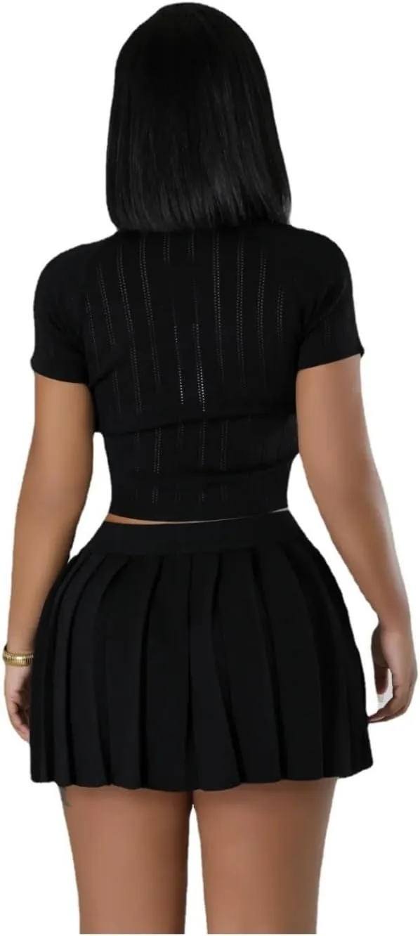 Women's Short Sleeve Button Down top Sexy Tight Mini Pleated Casual Cropped Dress Knitted Stretch Suit