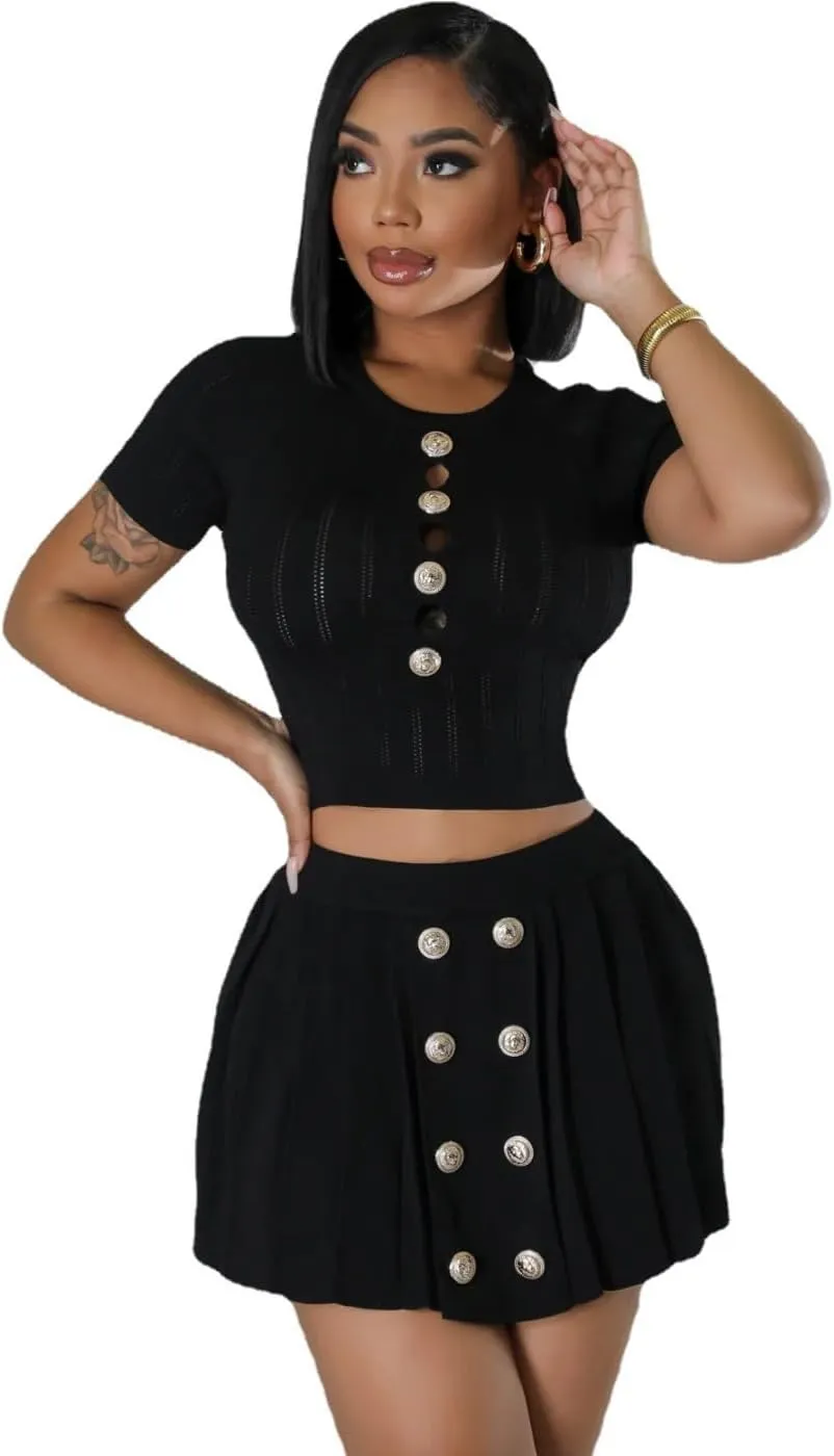 Women's Short Sleeve Button Down top Sexy Tight Mini Pleated Casual Cropped Dress Knitted Stretch Suit