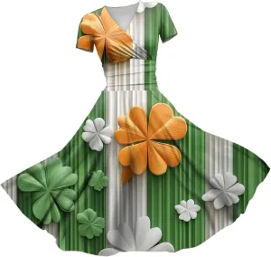 Women's Short Sleeve Loose Dress Comfy Slim V-Neck Daily Waisted Shirred Dressy Casual Shamrock Print Dresses