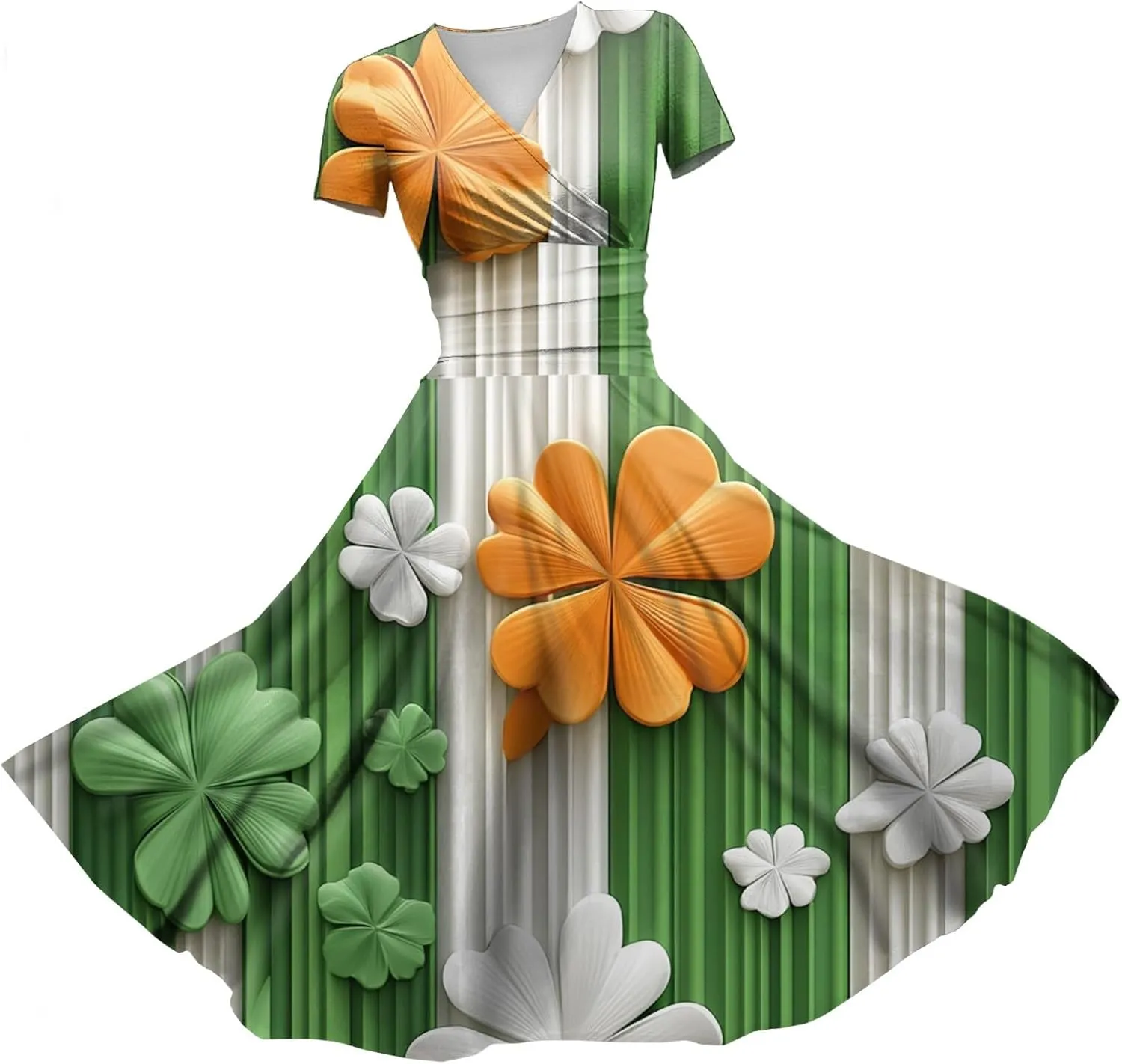 Women's Short Sleeve Loose Dress Comfy Slim V-Neck Daily Waisted Shirred Dressy Casual Shamrock Print Dresses