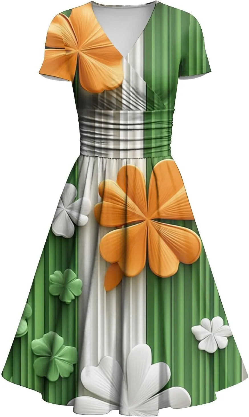 Women's Short Sleeve Loose Dress Comfy Slim V-Neck Daily Waisted Shirred Dressy Casual Shamrock Print Dresses