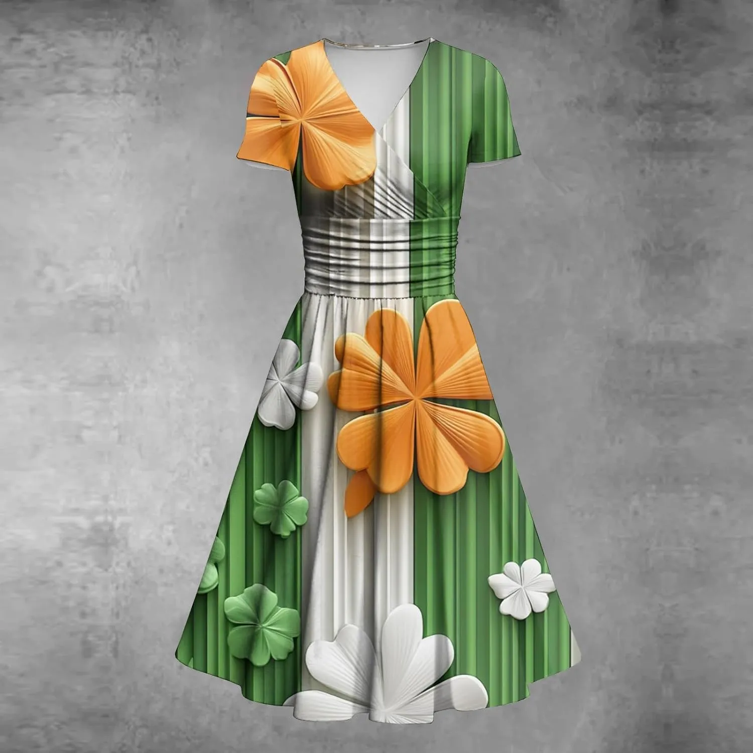 Women's Short Sleeve Loose Dress Comfy Slim V-Neck Daily Waisted Shirred Dressy Casual Shamrock Print Dresses