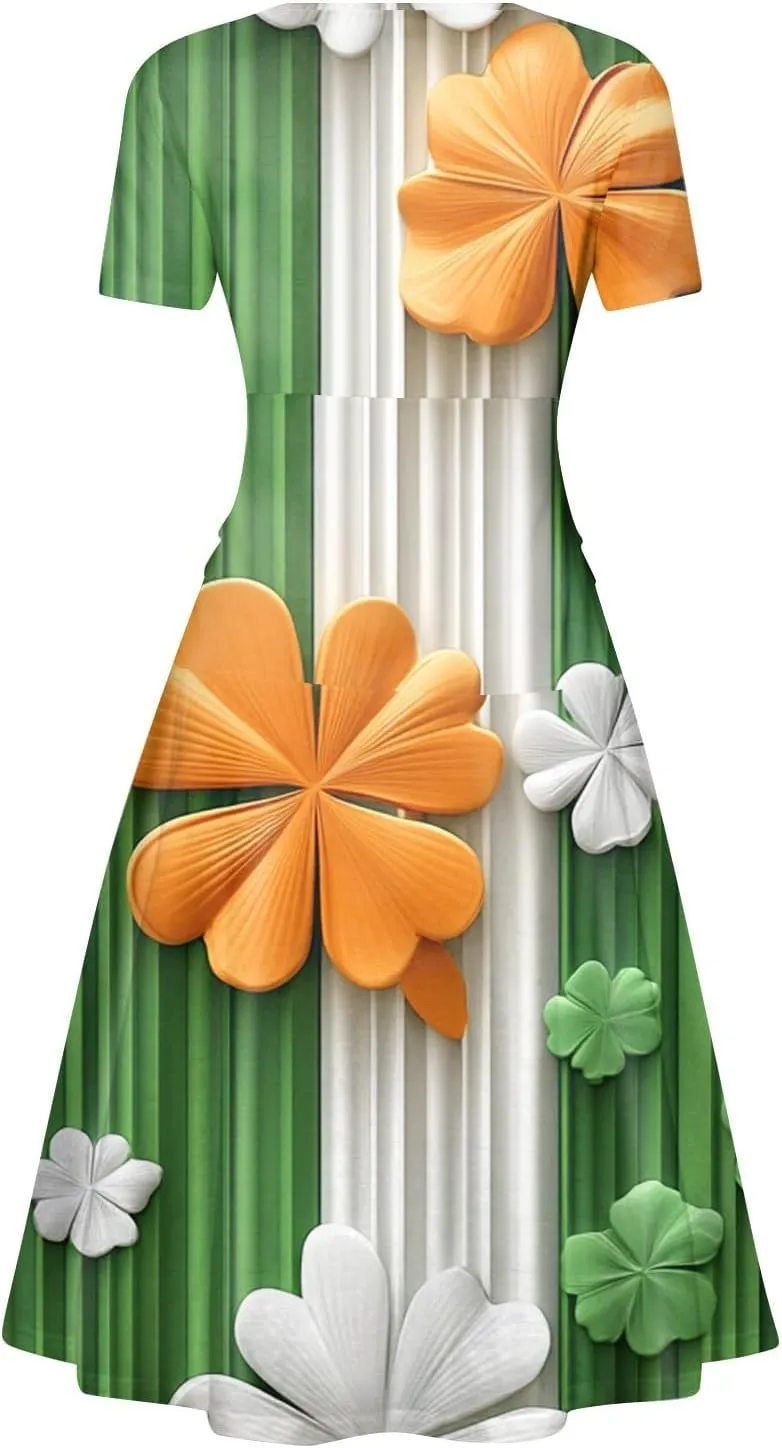 Women's Short Sleeve Loose Dress Comfy Slim V-Neck Daily Waisted Shirred Dressy Casual Shamrock Print Dresses
