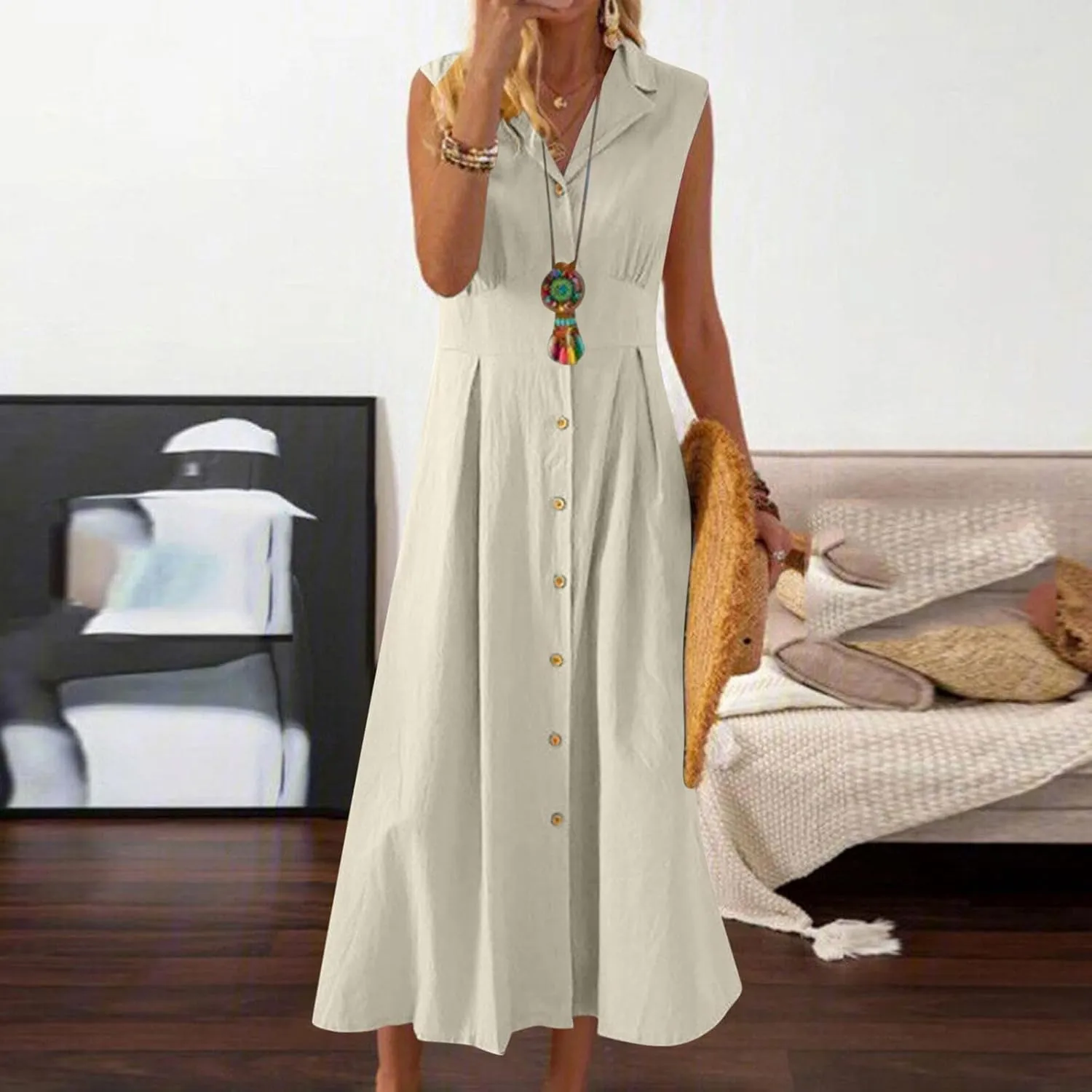 Womens Sleeveless Button Down Midi Dress Collared A Line Dresses with Pockets Loose Casual Summer Vacation Sundress