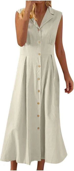 Womens Sleeveless Button Down Midi Dress Collared A Line Dresses with Pockets Loose Casual Summer Vacation Sundress