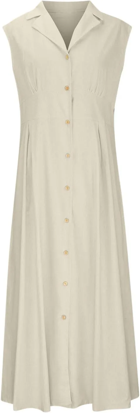 Womens Sleeveless Button Down Midi Dress Collared A Line Dresses with Pockets Loose Casual Summer Vacation Sundress