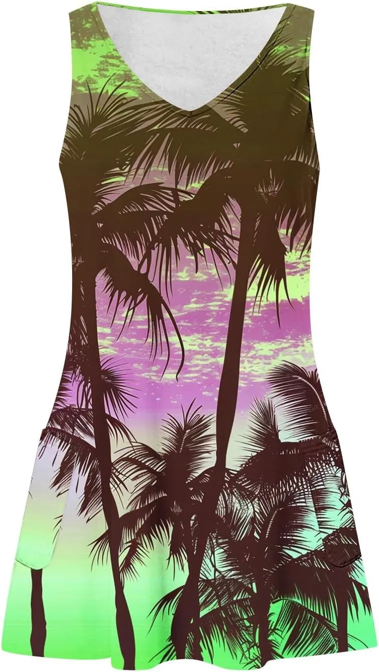 Women's Sleeveless Mini Tank Dress Casual Summer Beach Sun Dresses Loose V Neck T-Shirt Dress Sundress with Pocket