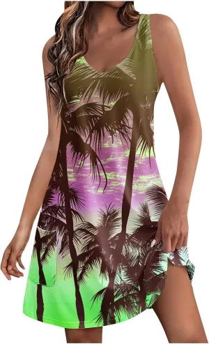 Women's Sleeveless Mini Tank Dress Casual Summer Beach Sun Dresses Loose V Neck T-Shirt Dress Sundress with Pocket