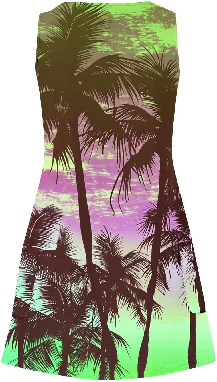 Women's Sleeveless Mini Tank Dress Casual Summer Beach Sun Dresses Loose V Neck T-Shirt Dress Sundress with Pocket