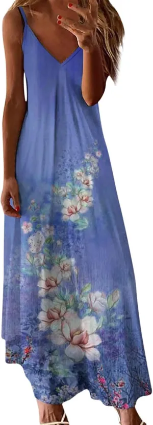 Women's Sleeveless V Neck Maxi Dress Floral Graphic Vacation Beach Sundresses Spaghetti Strap Summer Dresses