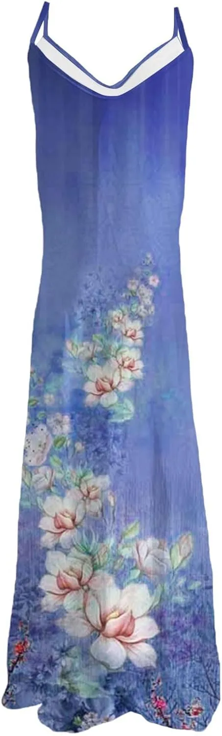 Women's Sleeveless V Neck Maxi Dress Floral Graphic Vacation Beach Sundresses Spaghetti Strap Summer Dresses