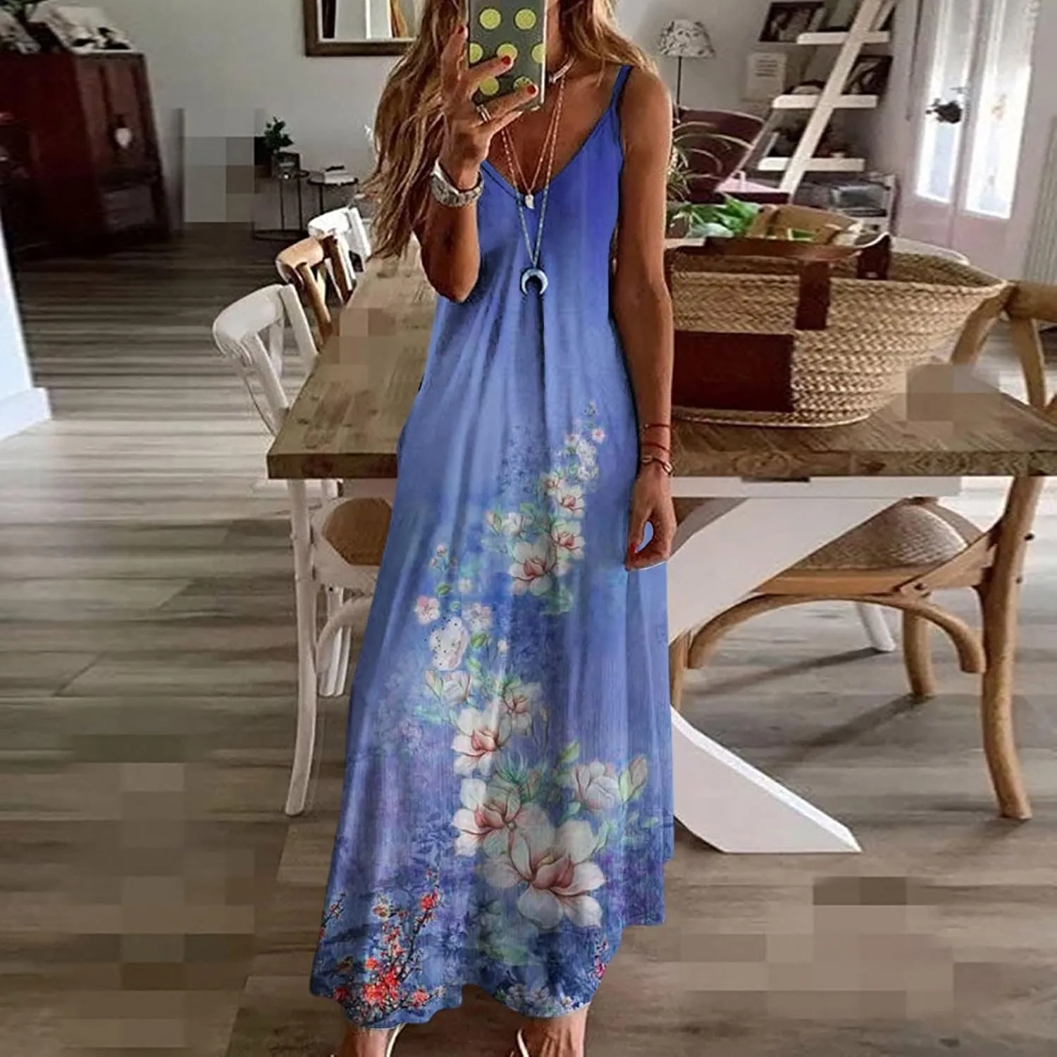Women's Sleeveless V Neck Maxi Dress Floral Graphic Vacation Beach Sundresses Spaghetti Strap Summer Dresses