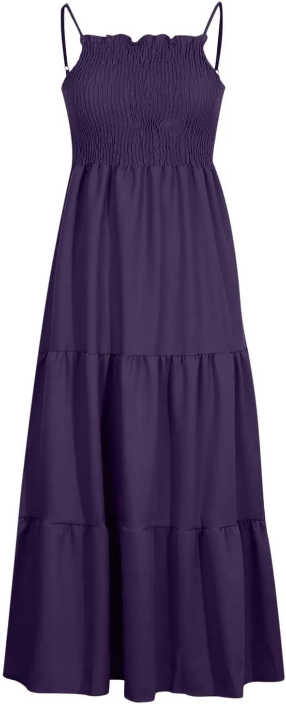 Women's Spaghetti Strap Tiered Dress A-Line Summer Sleeveless Ribbed Knit Sundresses Flowy Beach Vacation Midi Dresses