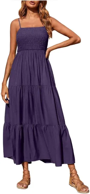 Women's Spaghetti Strap Tiered Dress A-Line Summer Sleeveless Ribbed Knit Sundresses Flowy Beach Vacation Midi Dresses