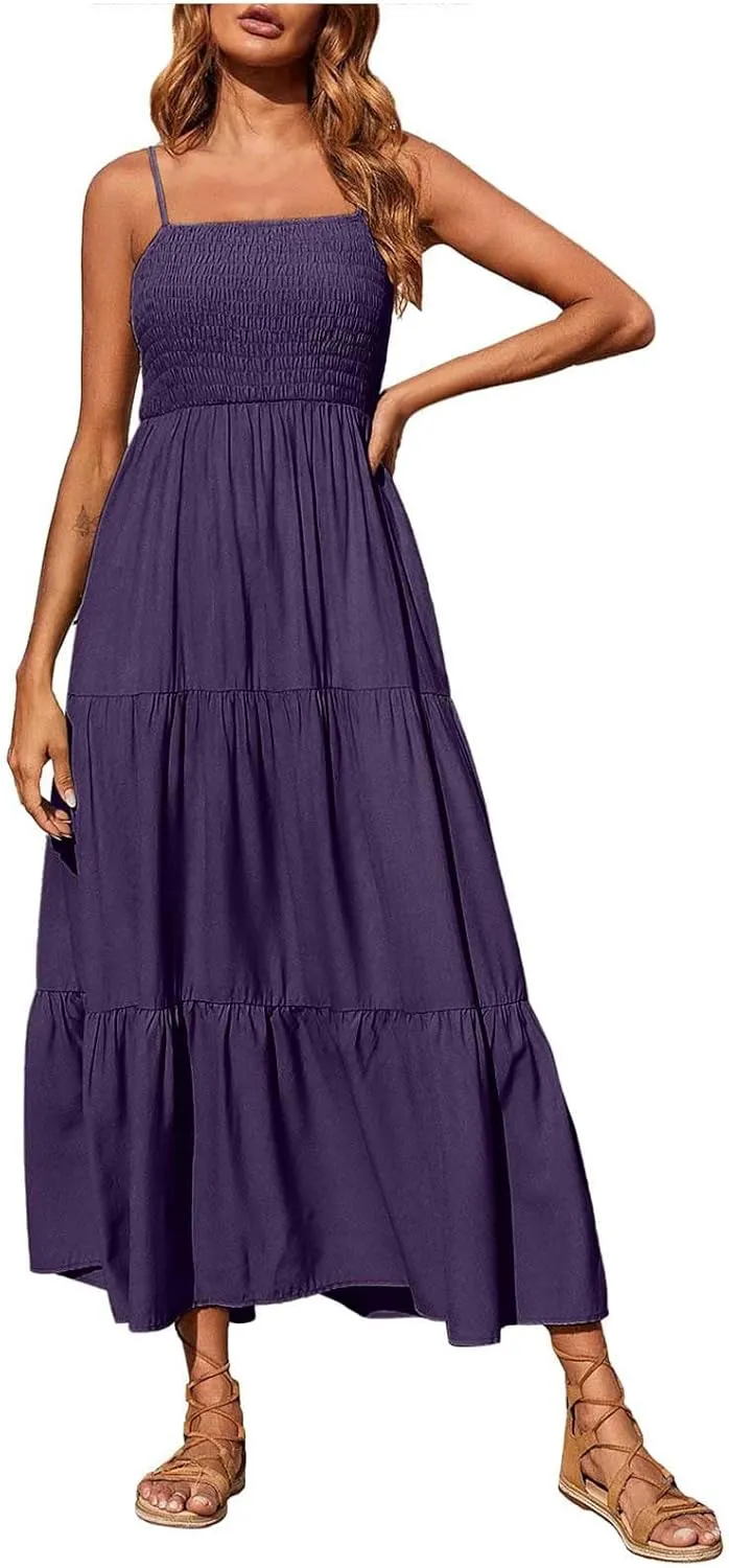 Women's Spaghetti Strap Tiered Dress A-Line Summer Sleeveless Ribbed Knit Sundresses Flowy Beach Vacation Midi Dresses