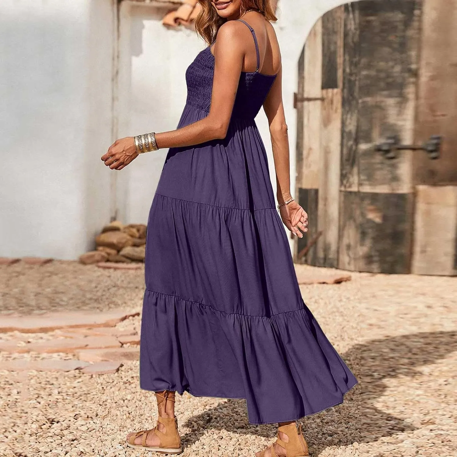 Women's Spaghetti Strap Tiered Dress A-Line Summer Sleeveless Ribbed Knit Sundresses Flowy Beach Vacation Midi Dresses