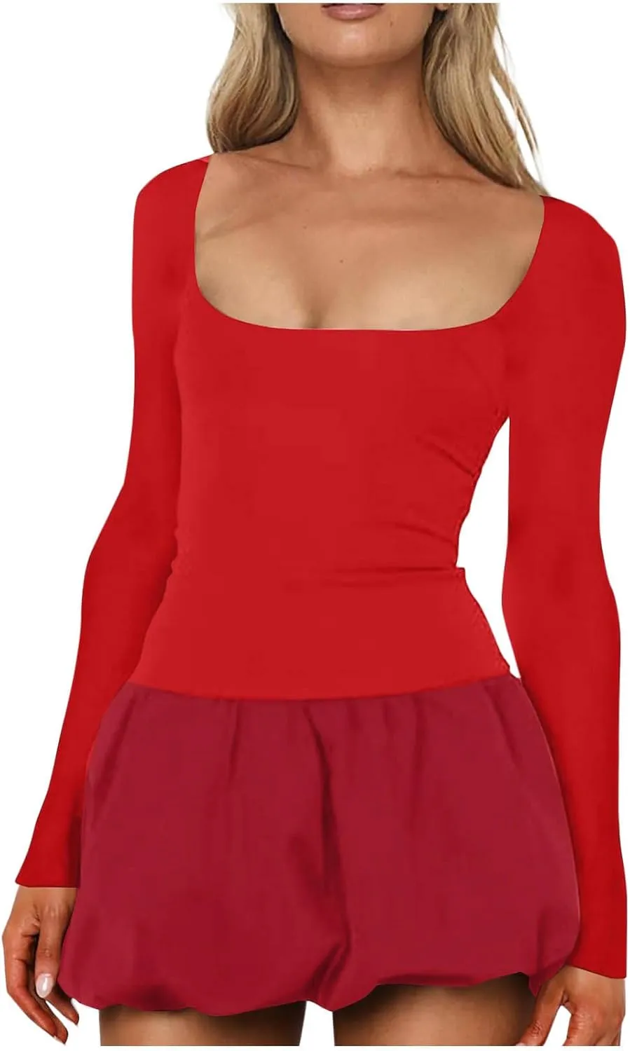 Women's Square Neck Ruffle Hem Mini Dress Ruched Waist Long Sleeve Corset Short Party Dresses Mini Cocktail Dress Party Club