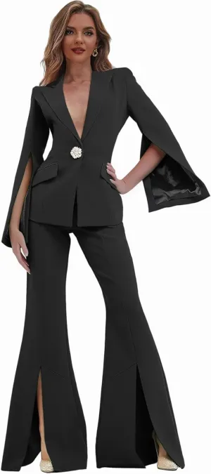 Womens Suit 2 Piece Set Business Blazer Bell Bottoms Casual Sleeve Placket Suit Peak Lapel Prom Tuxedo for Evening Party