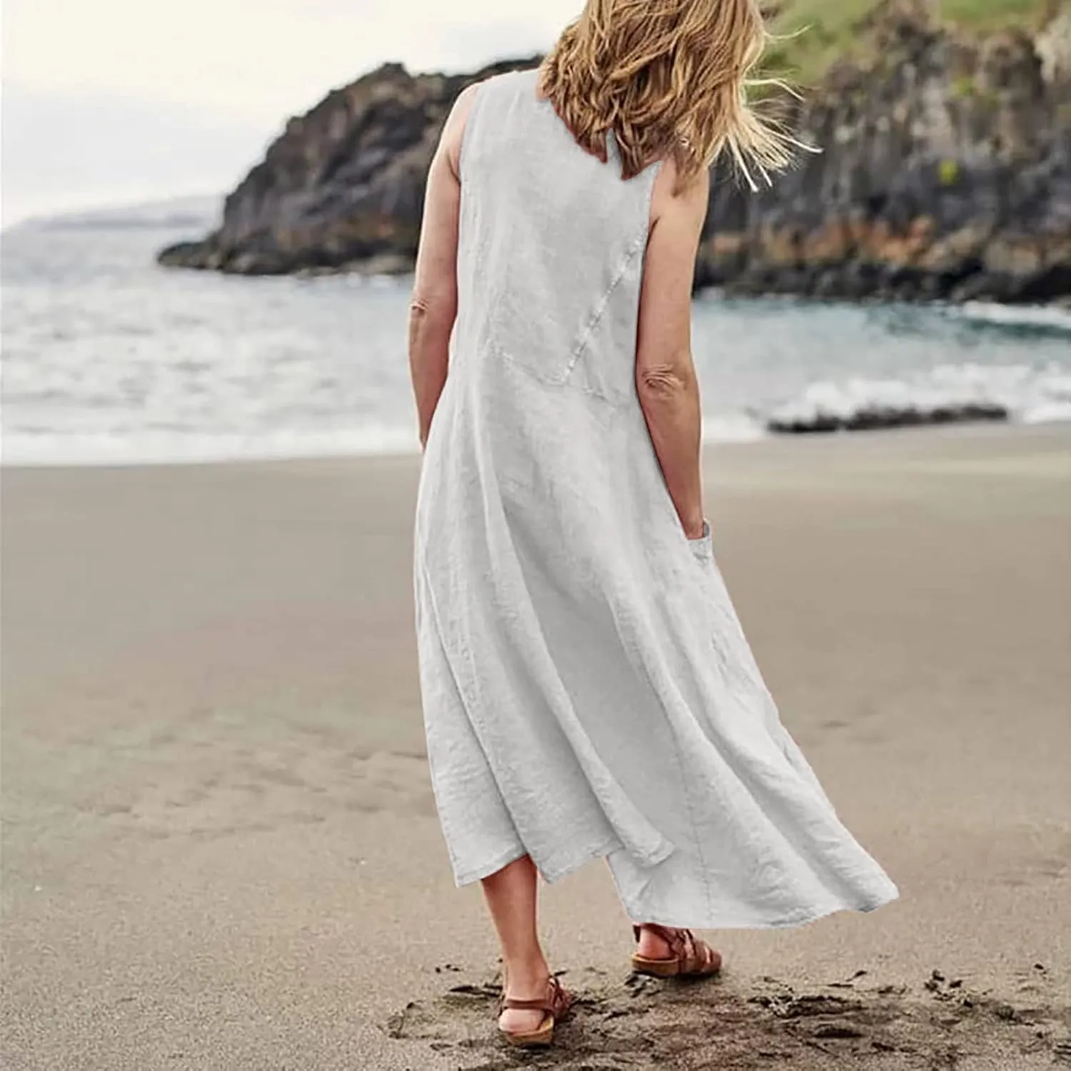Women's Summer 2022 Casual Fashion Solid Cotton and Short Sleeve Medium Long Dress