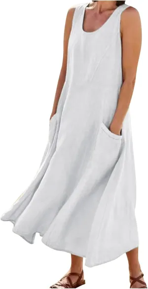 Women's Summer 2022 Casual Fashion Solid Cotton and Short Sleeve Medium Long Dress