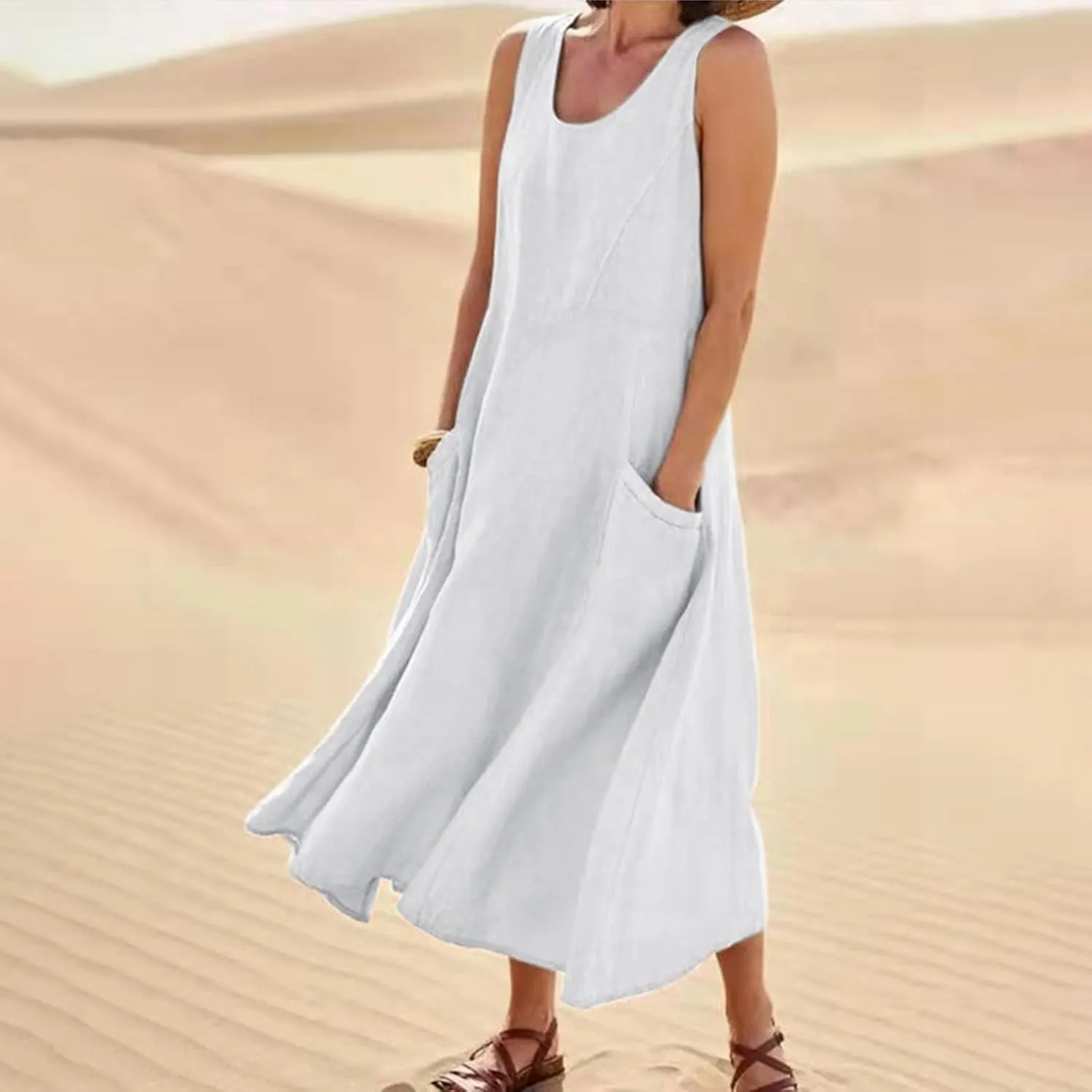 Women's Summer 2022 Casual Fashion Solid Cotton and Short Sleeve Medium Long Dress