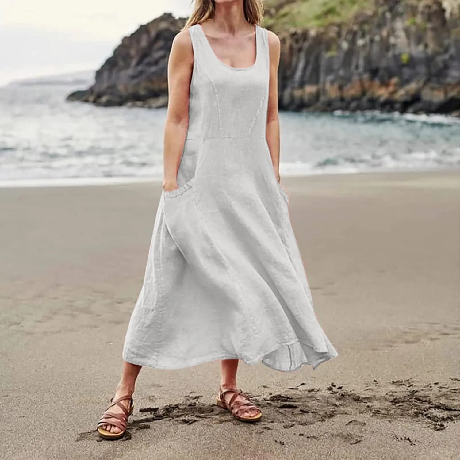 Women's Summer 2022 Casual Fashion Solid Cotton and Short Sleeve Medium Long Dress