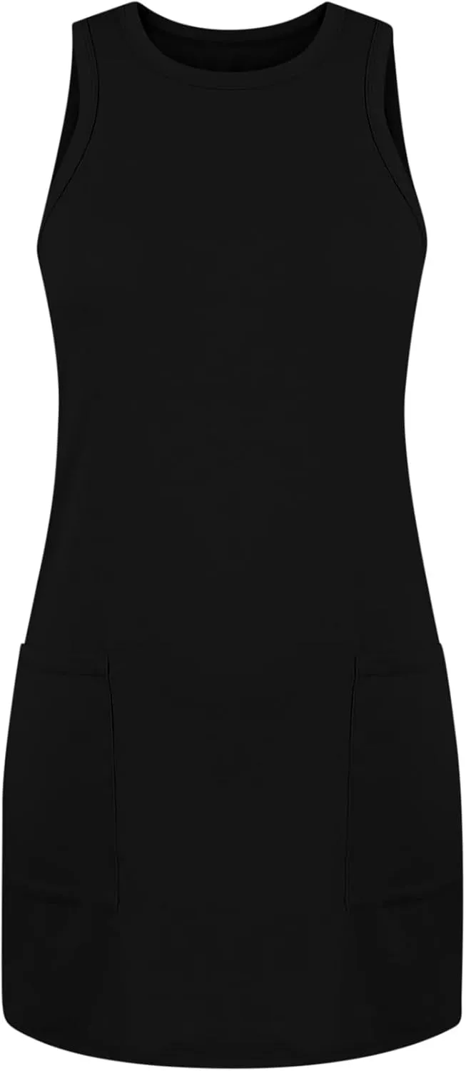 Womens Summer Bodycon Sundress with Pockets Slim Fit Mini Solid Tank Sleeveless Crewneck Casual Dress Sexy Dress