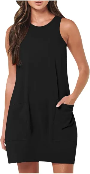 Womens Summer Bodycon Sundress with Pockets Slim Fit Mini Solid Tank Sleeveless Crewneck Casual Dress Sexy Dress