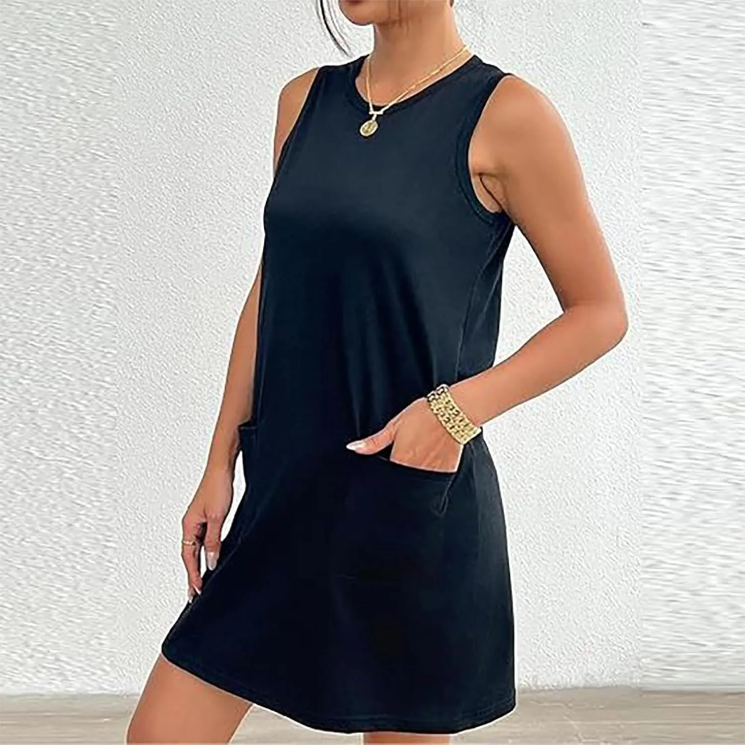 Womens Summer Bodycon Sundress with Pockets Slim Fit Mini Solid Tank Sleeveless Crewneck Casual Dress Sexy Dress
