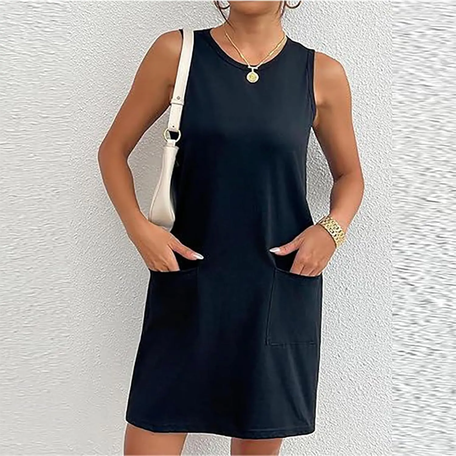 Womens Summer Bodycon Sundress with Pockets Slim Fit Mini Solid Tank Sleeveless Crewneck Casual Dress Sexy Dress