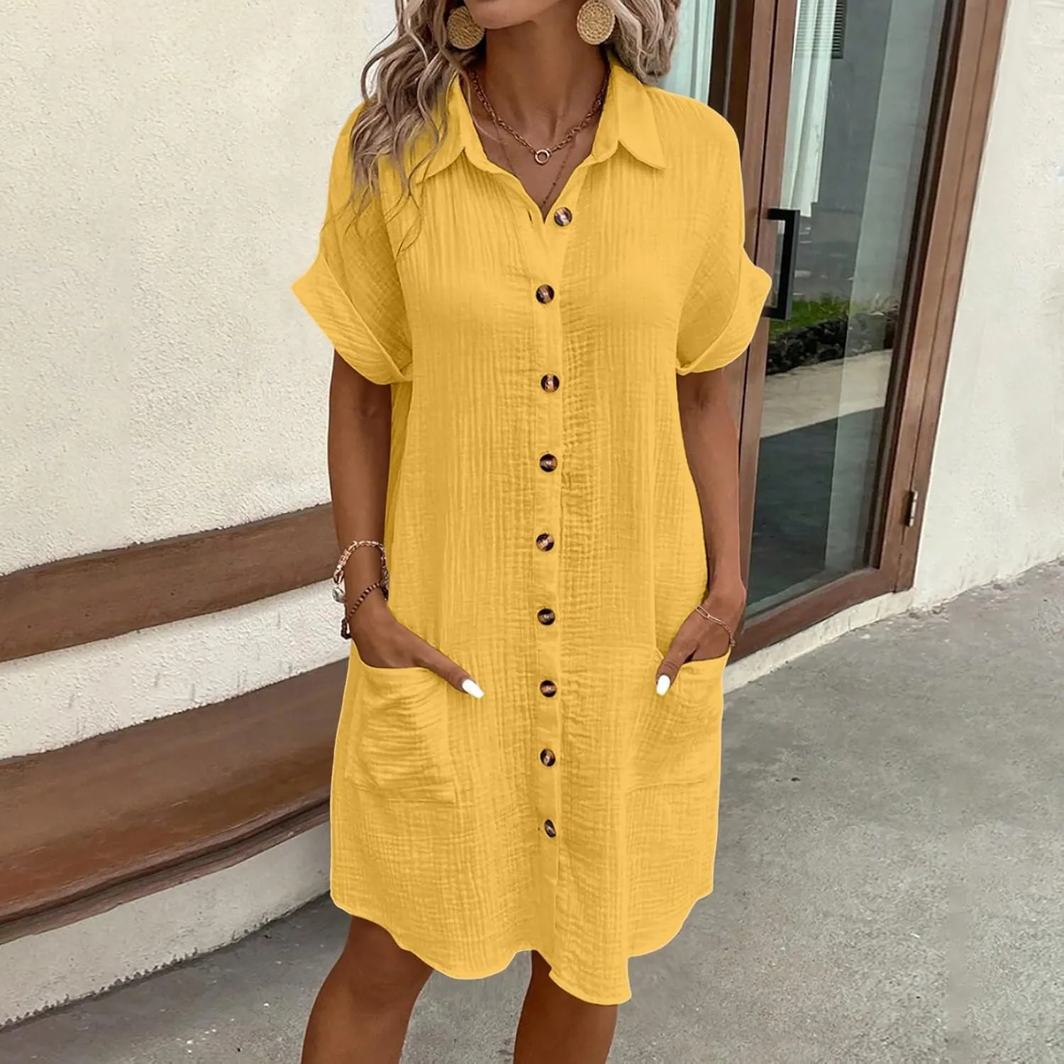 Womens Summer Button Down Shirt Dress Short Cap Sleeve Mini Dresses Loose Fit Casual Sundress with Pockets
