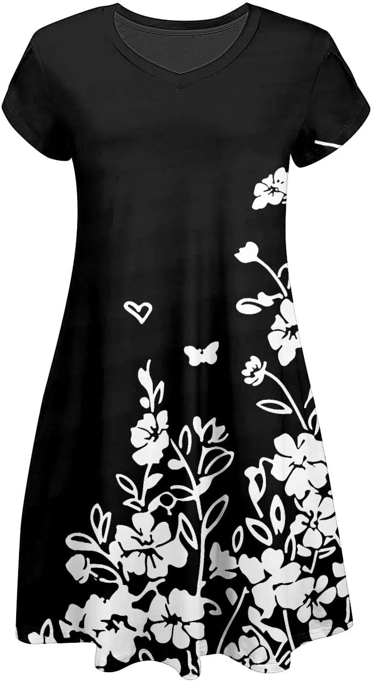 Women's Summer Casual Short Sleeve V Neck Dress 2025 Floral Graphic Dresses Boho Beach Cute Sundress with Pockets