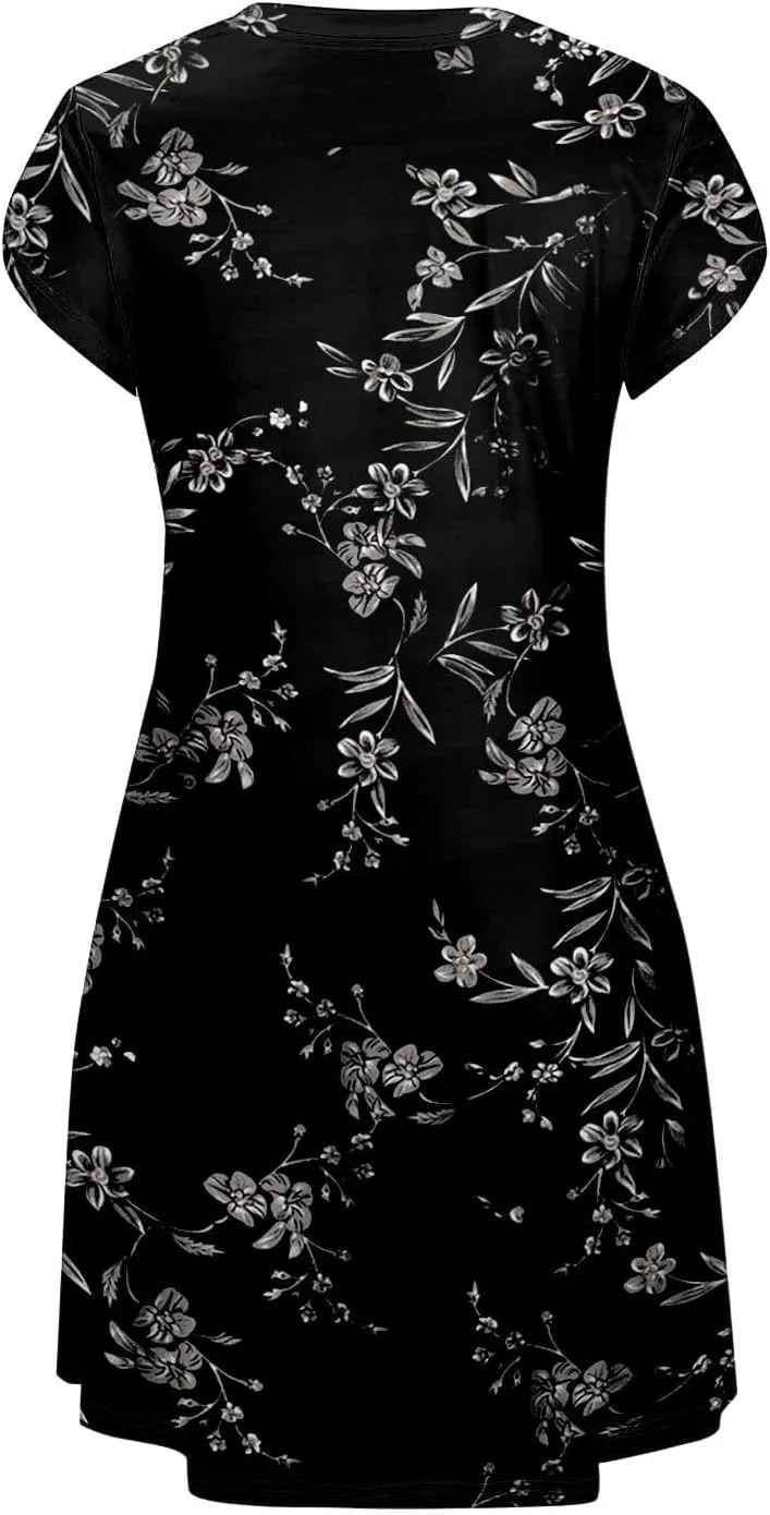 Women's Summer Casual Short Sleeve V Neck Dress 2025 Floral Graphic Dresses Boho Beach Cute Sundress with Pockets